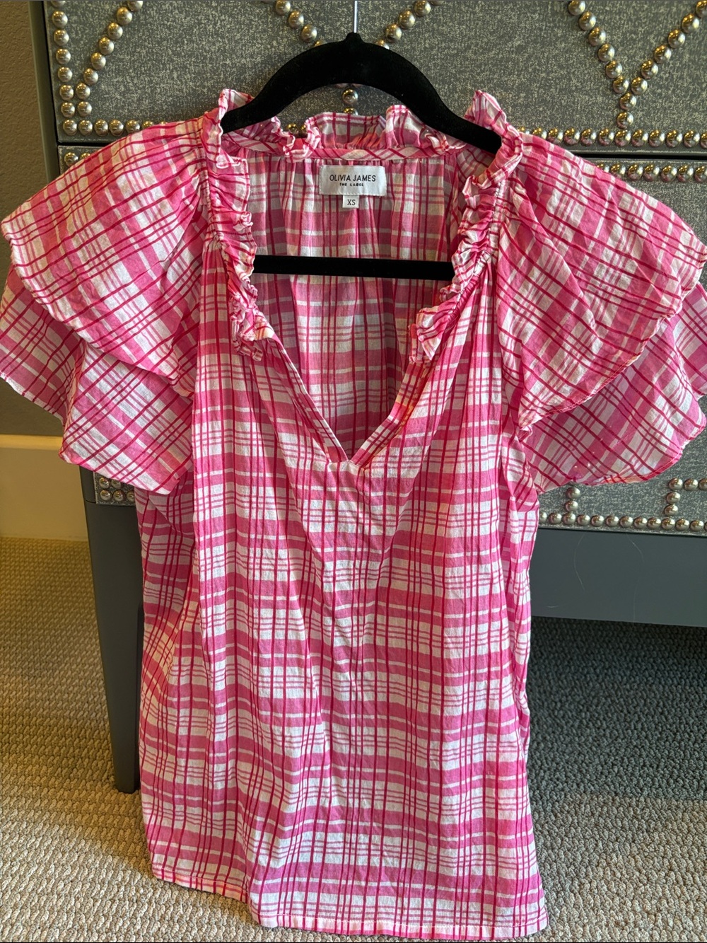 Olivia James Pink Plaid Ruffle-Neck Flutter Sleeve Blouse